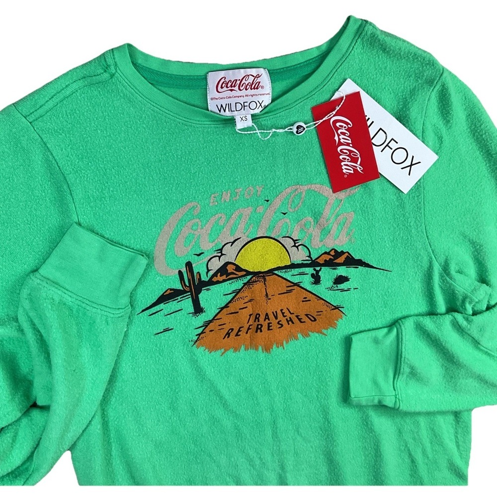 Wildfox x Coca Cola Sweatshirt Sz XS Pullover Travel Refreshed Graphic Green NWT